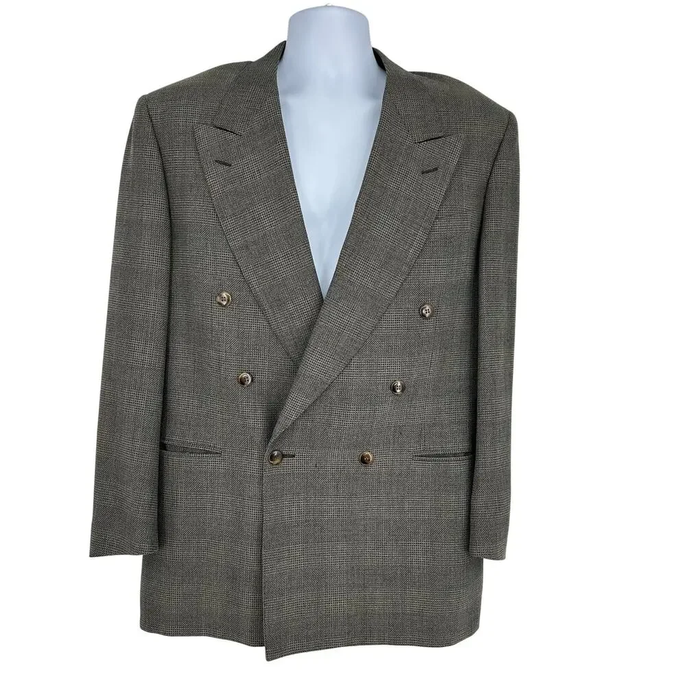 Canali Mens 42R EU52 Double Breasted Sport Coat Jacket Wool Checked Brown Italy